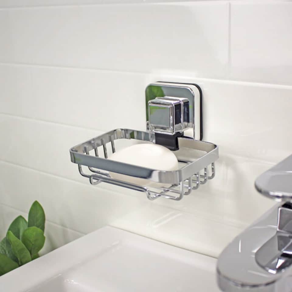 image 1 of Showerdrape Pushloc Stainless Steel Suction Wall Mounted Soap Basket