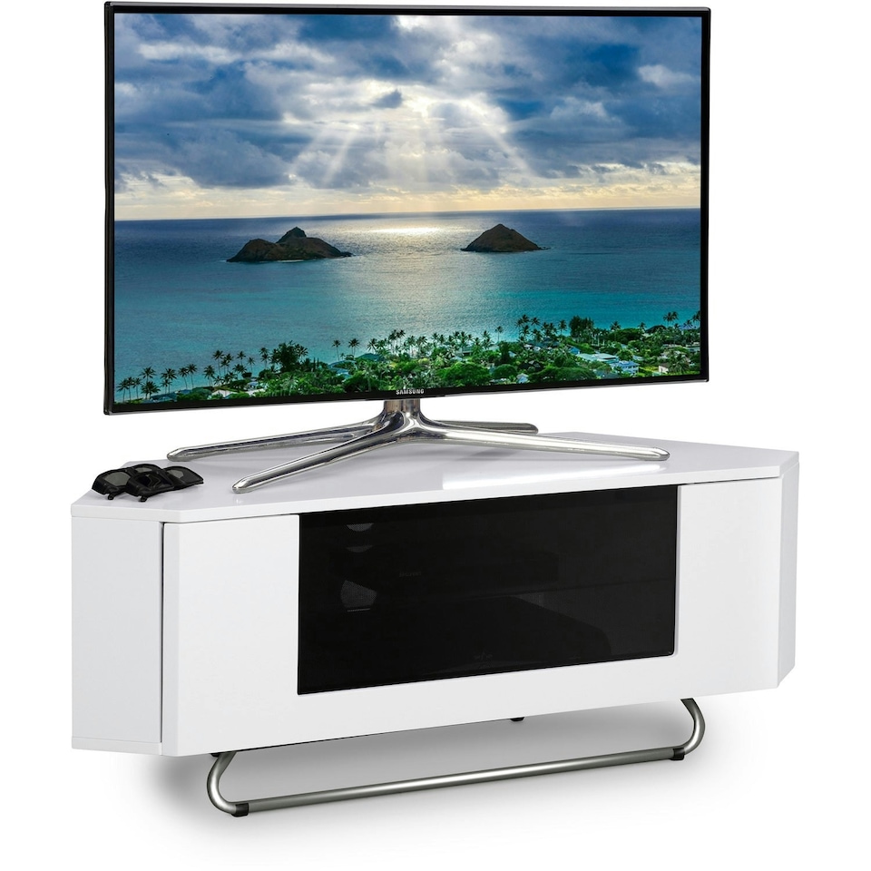 image 1 of Centurion Supports Hampshire Corner-Friendly Gloss White with Black Contrast Beam-Thru Remote Friendly Door 26"-50" Flat Screen TV Cabinet White