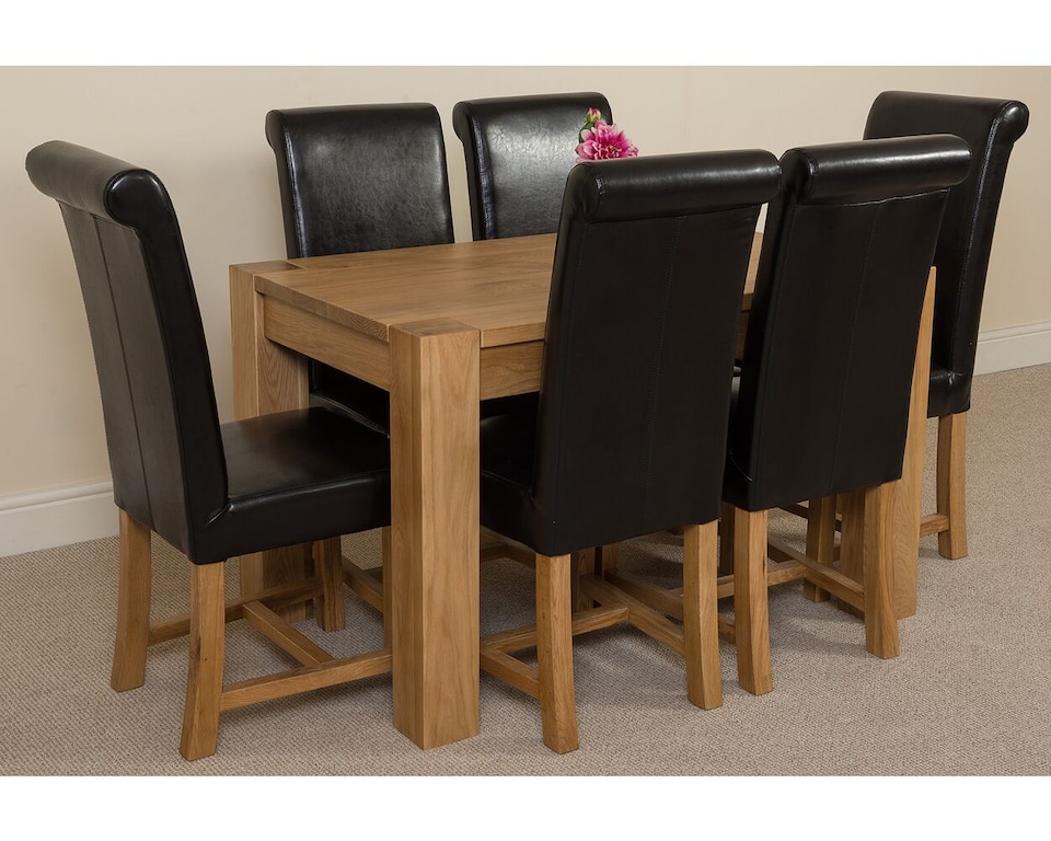 image 1 of Kuba 125x80cm Chunky Oak Small Dining Table and 6 Washington Leather Chairs | Black | Black