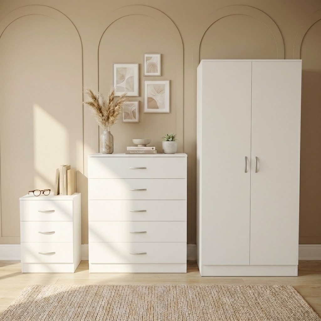 Vida Designs Riano 3 Piece Bedroom Set (3 Drawer Bedside Chest, 5 Drawer Chest, 2 Door Wardrobe) - White
