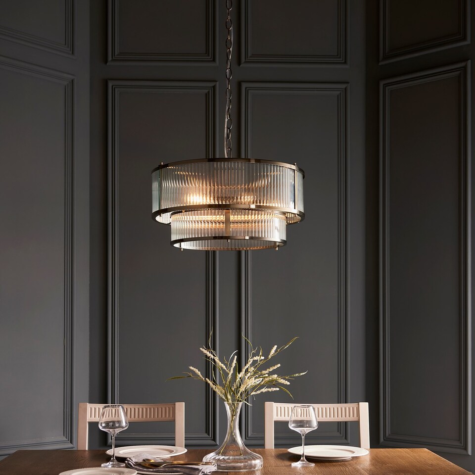 image 1 of Ridgeton Cylindrical Pendant Ceiling Light Antique Brass Plate & Clear Ribbed Glass 5x E14