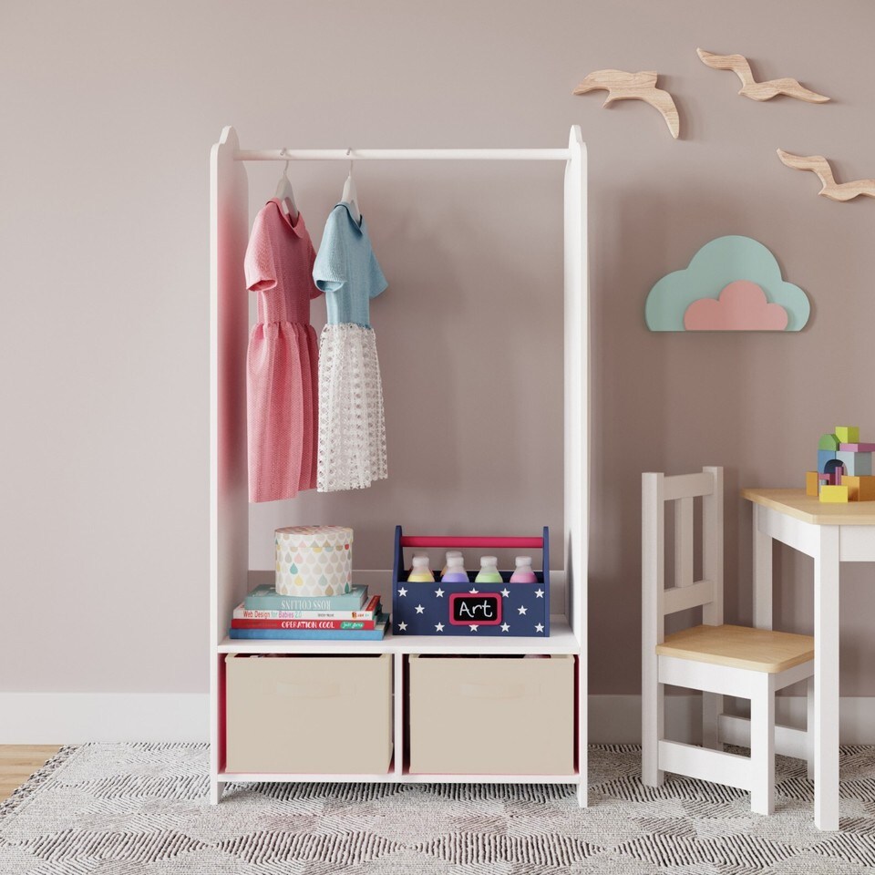 image 1 of Kids MDF Wooden Hanging Clothes Rail Wardrobe Storage Shelves with Inserts Mirror | White | Beige