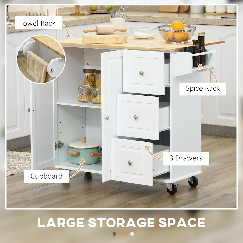 image 1 of HOMCOM Kitchen Island on Wheels, Kitchen Cart with Drop Leaf, White | White