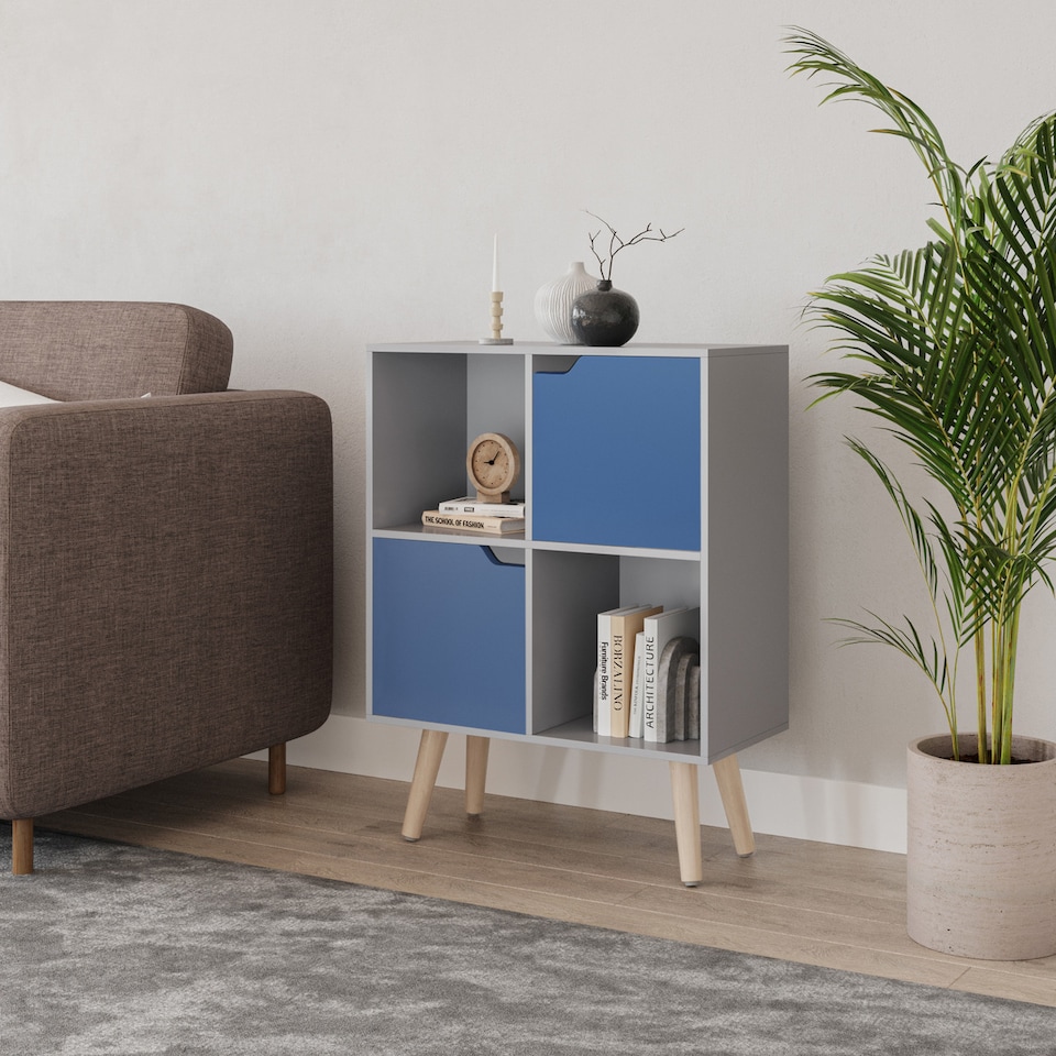 image 1 of Grey 4-Cube Storage Unit with 2 Wooden Doors and Legs | Blue | Blue & Pine | 1