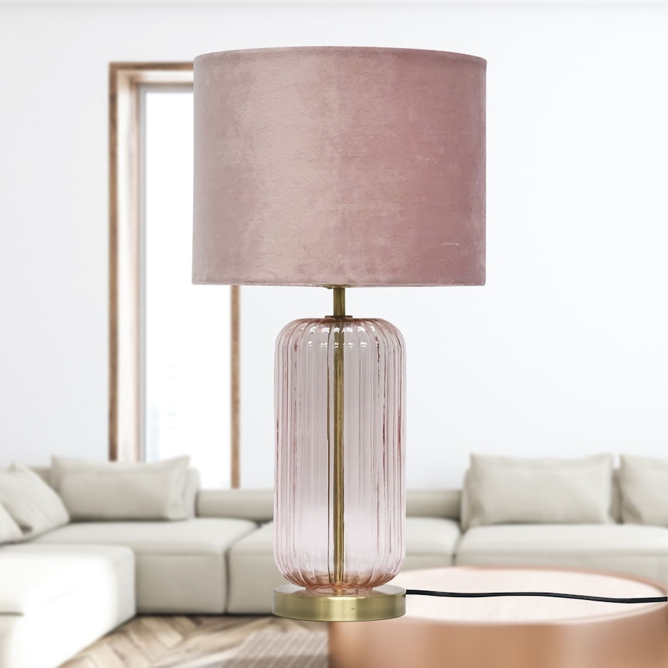 image 1 of Set of 2 Walpole - Blush Glass and Antique Brass 49cm Table Lamps with Pink Velvet Shade | Yellow | Pink | Large | 2