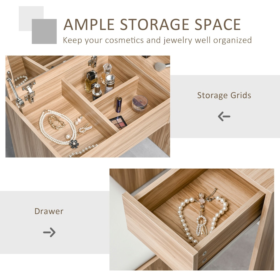 image 1 of HOMCOM Dressing Table Set Cushioned Stool Flip-up Mirror Drawer Chipboard Wood