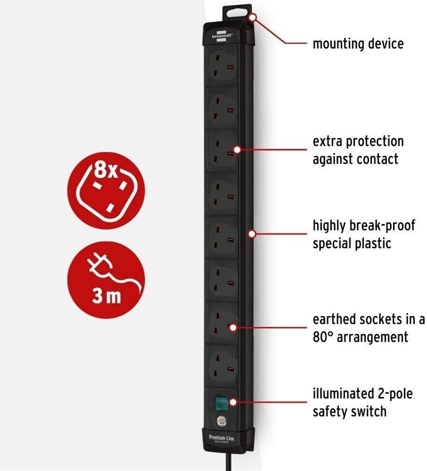 image 1 of BRENNENSTUHL - Premium-Line 8 Way Switched Extension Lead, 3m Black