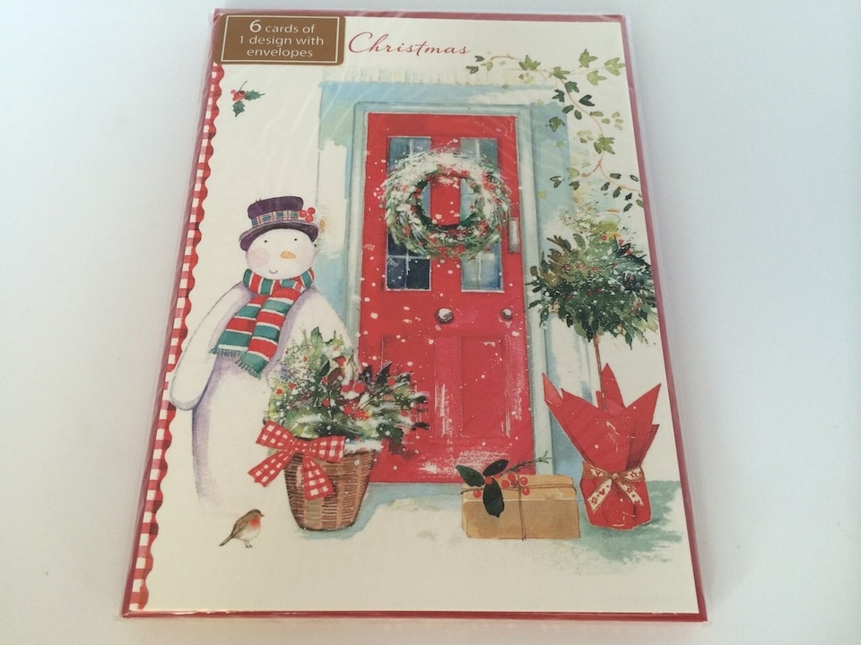 image 1 of Pack of 6 'Snowman At Red Door' Design Christmas Greeting Cards