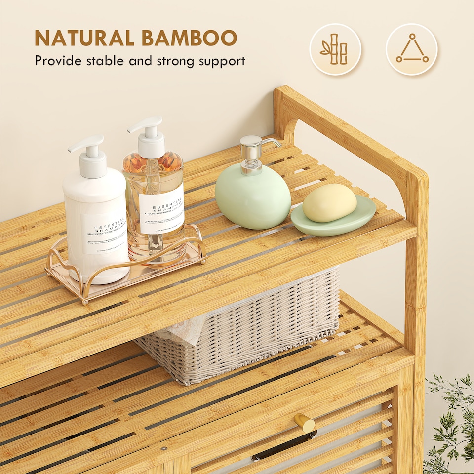 image 1 of HOMCOM Double Tilt Out Laundry Cabinet Bamboo Laundry Hamper Cabinet | Brown | Natural, Cream White | 82W x 33D x 88H cm