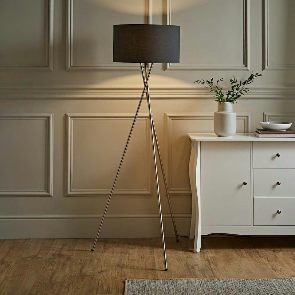 image 1 of ValueLights Camden Brushed Chrome Tripod Floor Lamp Charcoal Shade Grey