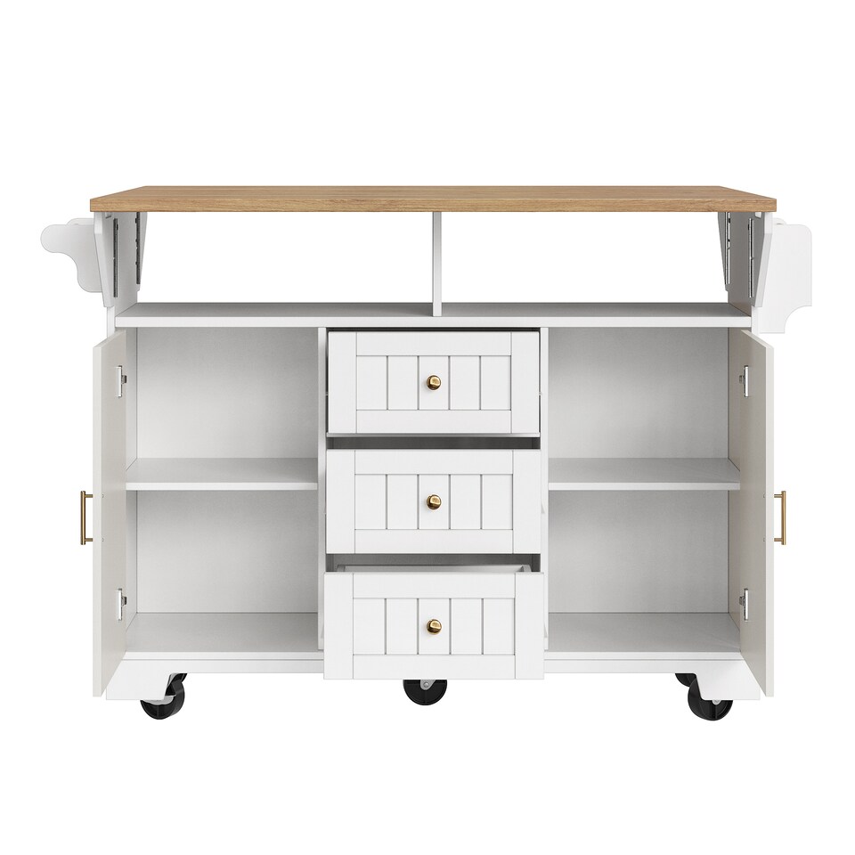 image 1 of VILUXE Kitchen island, cabinet, sideboard 120 x 40 (80) x 95 cm, extendable kitchen trolley with casters, extendable on both sides, with towel rail and spice rack, two doors, three drawers, black/white
