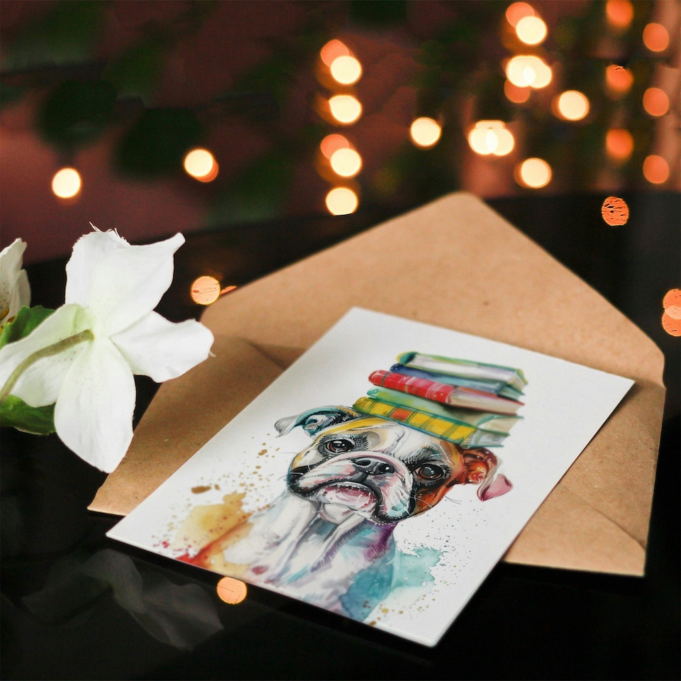 image 1 of Boxer Pet Portrait Book Stack Girl Boy Kids Daughter Son Birthday Card