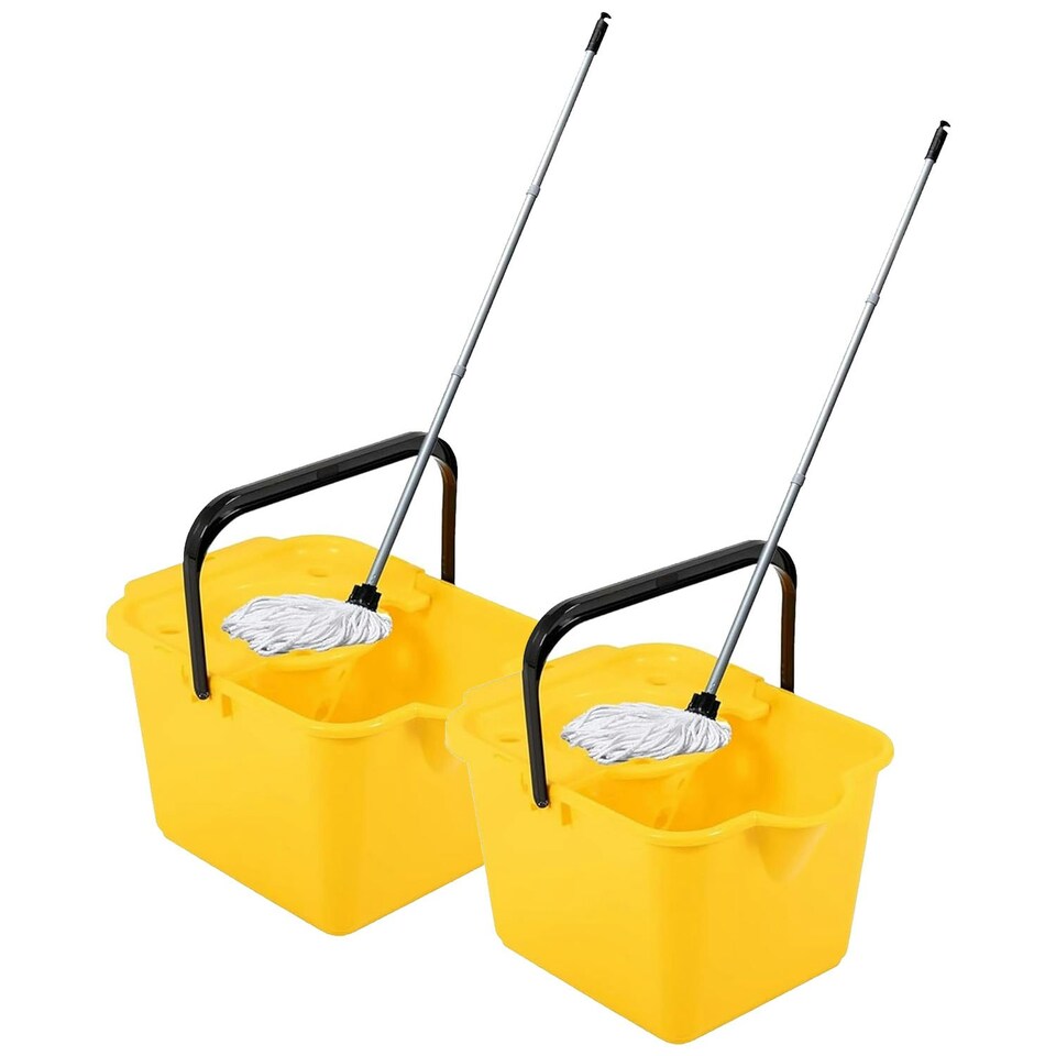 image 1 of 2 x Yellow 12L Mop & Bucket Set For Cleaning Hard Floors Complete With Pouring Lip & Cotton Mop