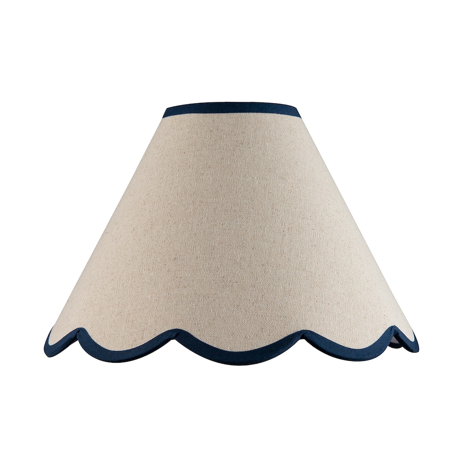 image 1 of Scallop Edge Natural Textured Linen Coolie Lamp Shade with Navy Trims | Blue | 12"