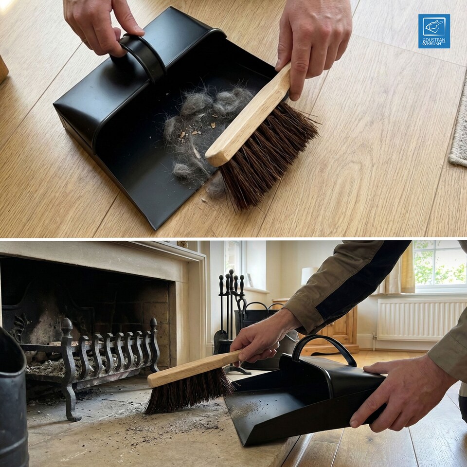 image 1 of Black Hooded Metal Dustpan and Brush Set Traditional Stiff Brush with Ash Pan Design