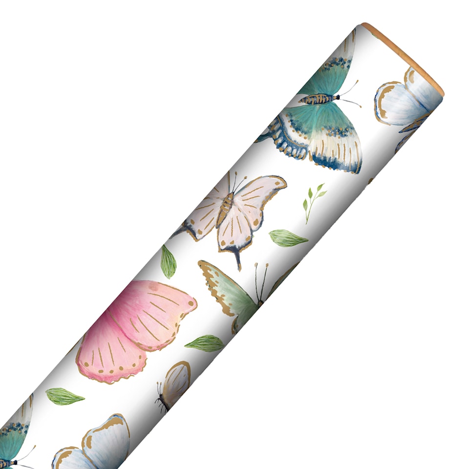 image 1 of Pastel Butterflies White Gift Wrapping Paper Roll 3m
