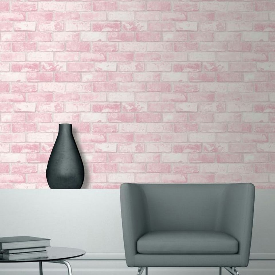 image 1 of Debona Brick Textured Wallpaper - Pink - 32.1ft x 21in Pink