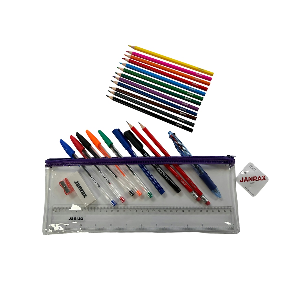 image 1 of Stationery Filled Purple Zip 13x5" Pencil Case with Colouring Pencils
