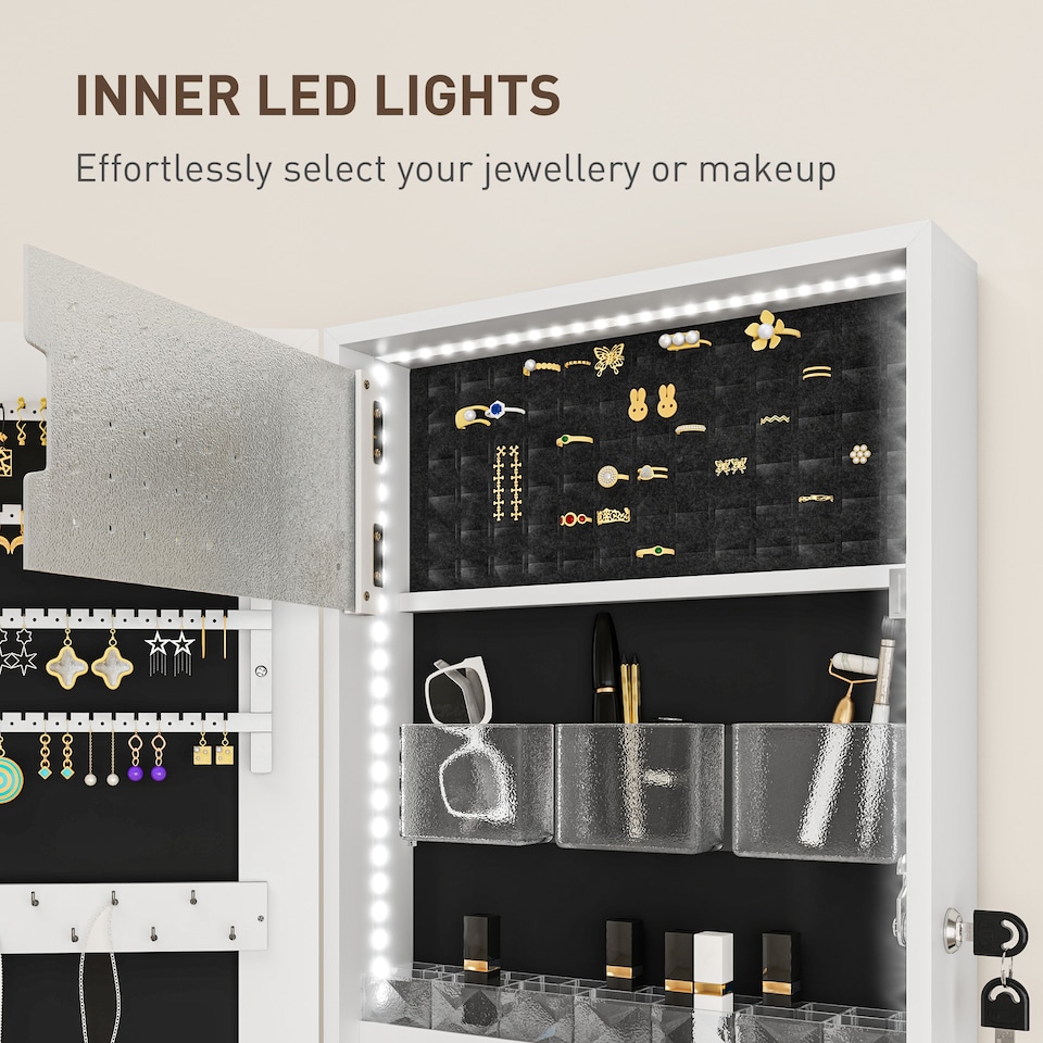 image 1 of HOMCOM Jewellery Cabinet with LED Lights, Door Hanging or Wall Mounted Full Length Mirror with Storage, Lockable Jewellery Organiser, White Surface and Black Lining | White | White Surface and Black Lining