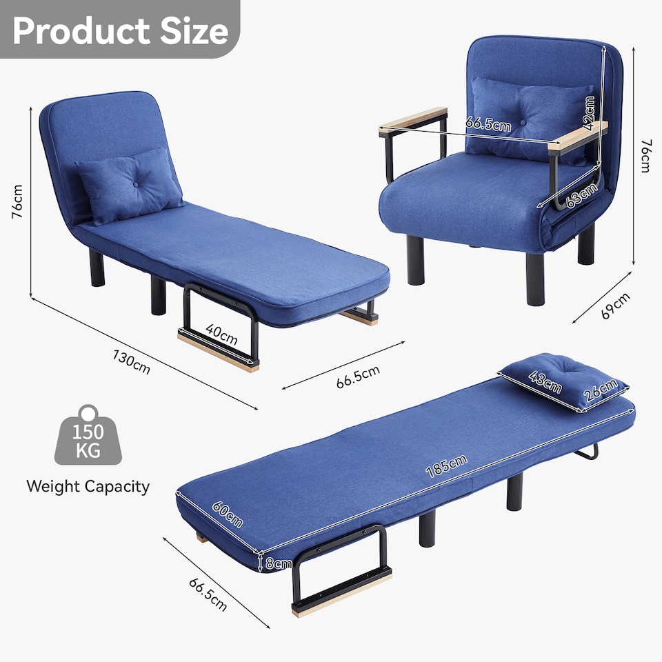 image 1 of 4 in 1 Folding Single Sofa Bed Convertible Lounge Sleeper Chair with Adjustable Backrest and Large Cushion Blue