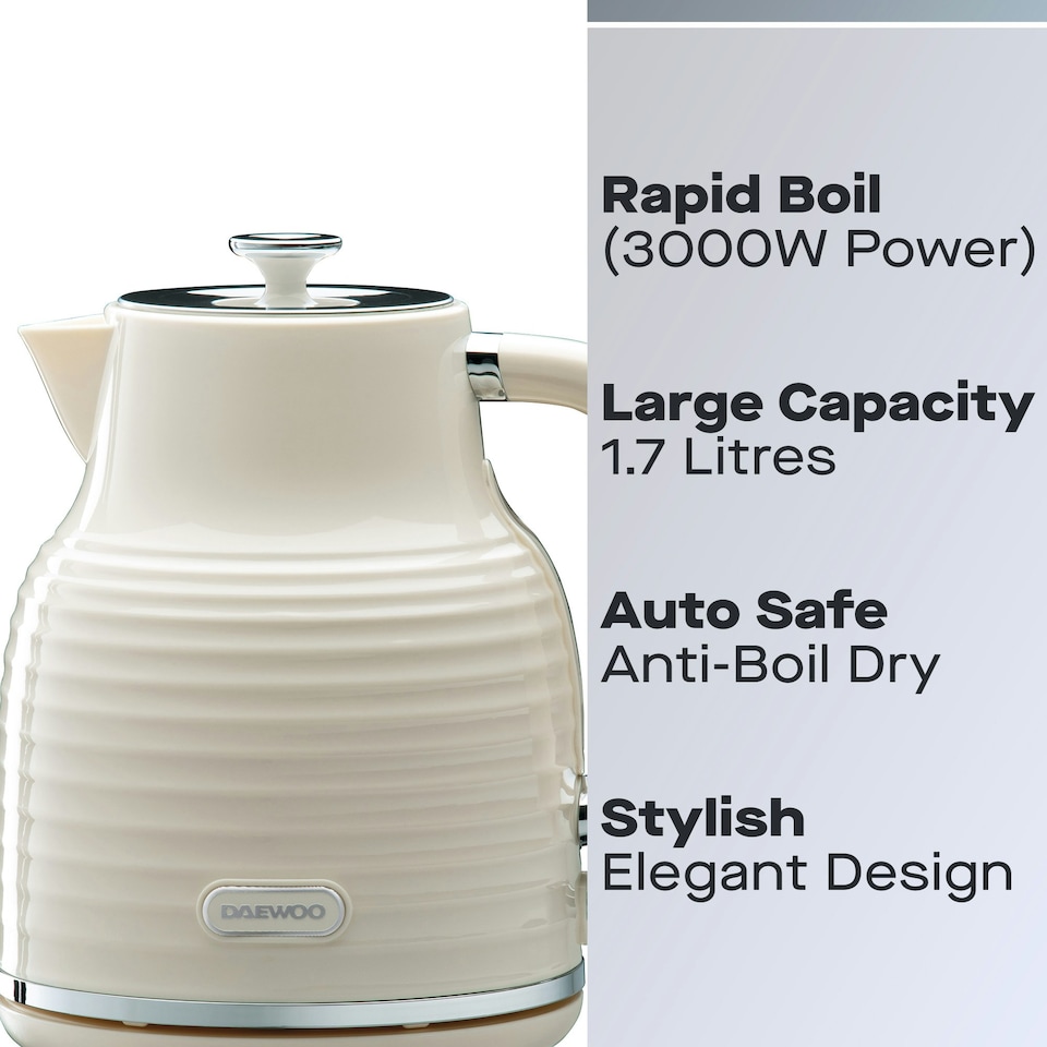 image 1 of Daewoo Sienna 1.7L Rapid-Boil Jug & 4-Slice Matching Kettle & Toaster Set Cream