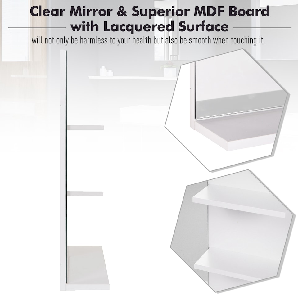 image 1 of kleankin Bathroom Mirror Wall Mount Vanity Mirror with 3 Storage Shelves, White