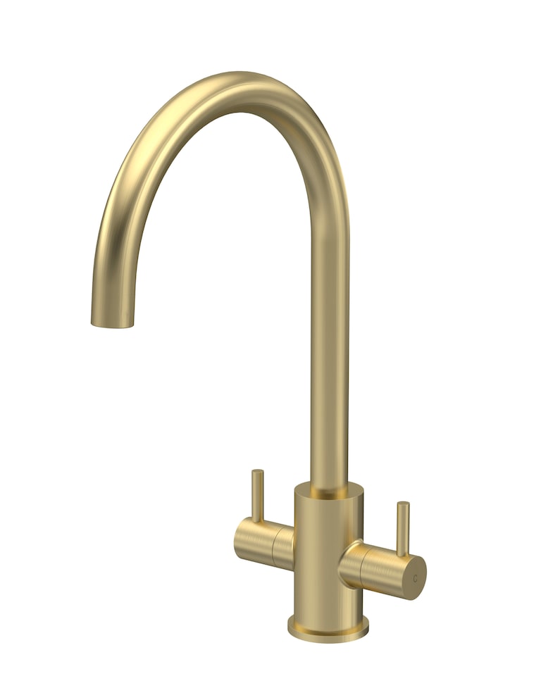 image 1 of Balterley Lacerta Minimalist Kitchen Mono Mixer Tap with Dual Lever Handles, High Curved Spout | Copper | Brushed Brass | 1