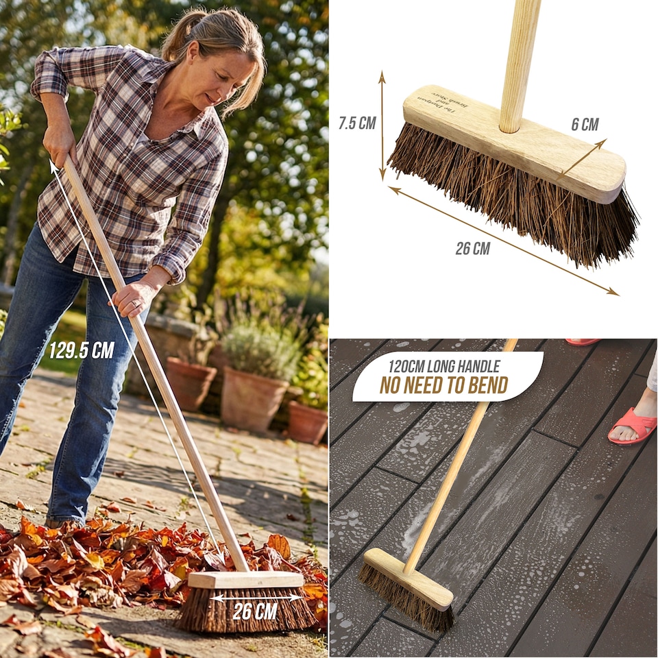 image 1 of Garden Broom Outdoor with Wooden Handle Natural Stiff Bassine Hard Bristle Sweeping Brush