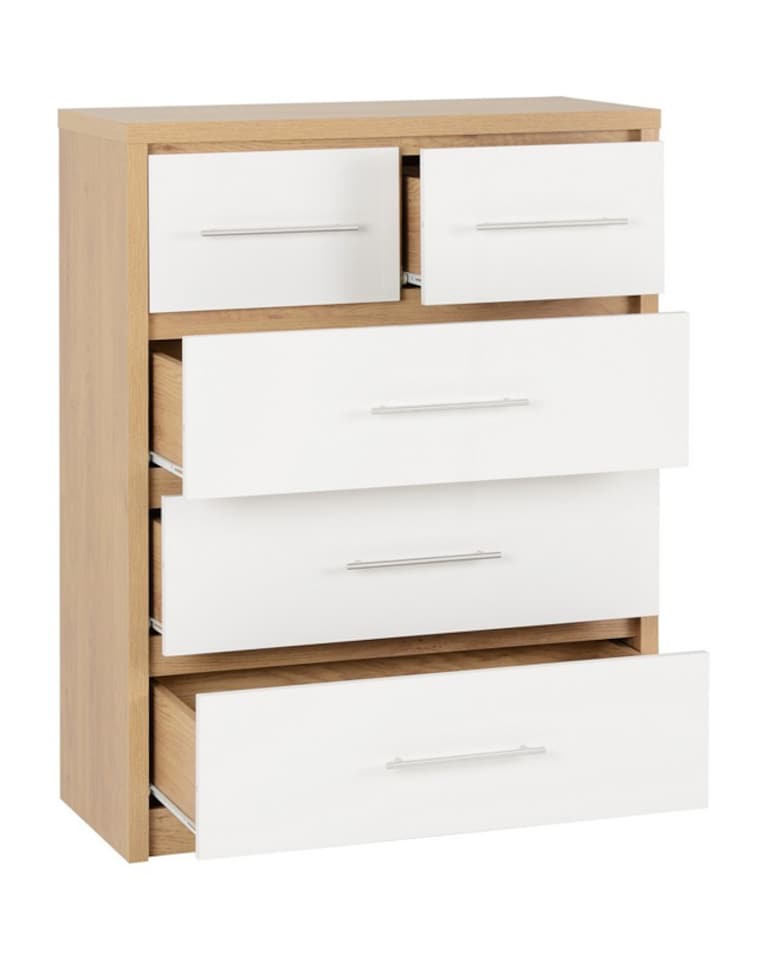 image 1 of Seville 3+2 Drawer Chest - L39.5 x W85 x H110.5 cm - White High Gloss/Light Oak Effect Veneer