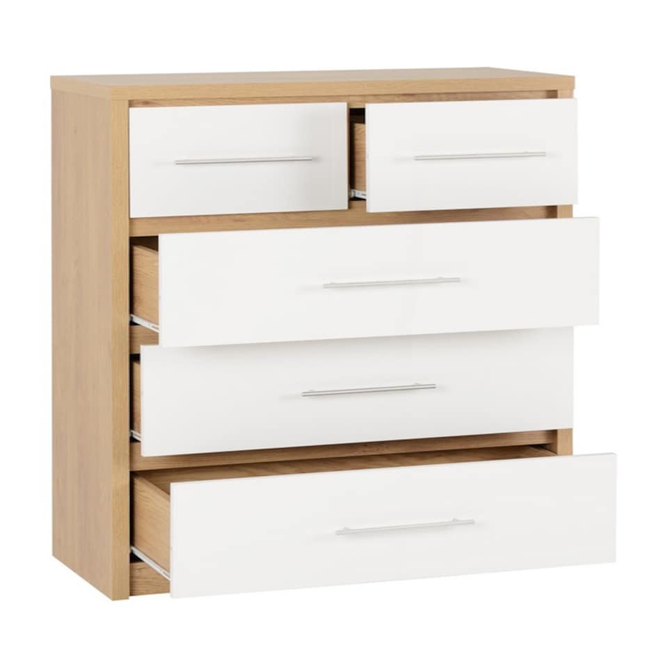 image 1 of Seville 3+2 Drawer Chest - L39.5 x W85 x H110.5 cm - White High Gloss/Light Oak Effect Veneer