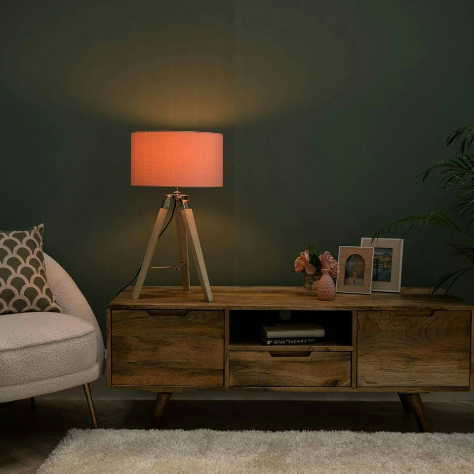 image 1 of ValueLights Clipper Light Brown Tripod Table Lamp Medium Pink Shade