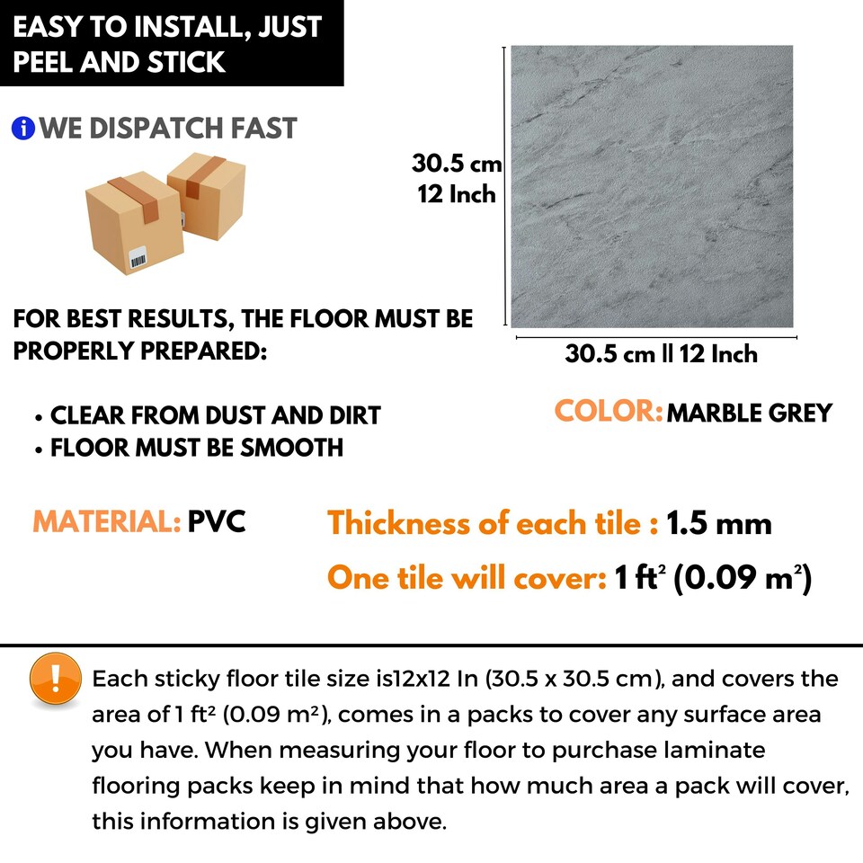 image 1 of Vinyl Floor Tiles Self Adhesive – 30 Pack Covers 30 sqf (2.79sqm) – 12x12in (30.5x30.5cm) Waterproof Peel & Stick Vinyl Flooring for Kitchen, Bathroom & Home Grey Marble