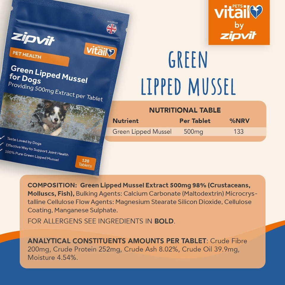 image 1 of Zipvit Green Lipped Mussel 500mg for Dogs – Joint & Coat Support, 120 Tablets