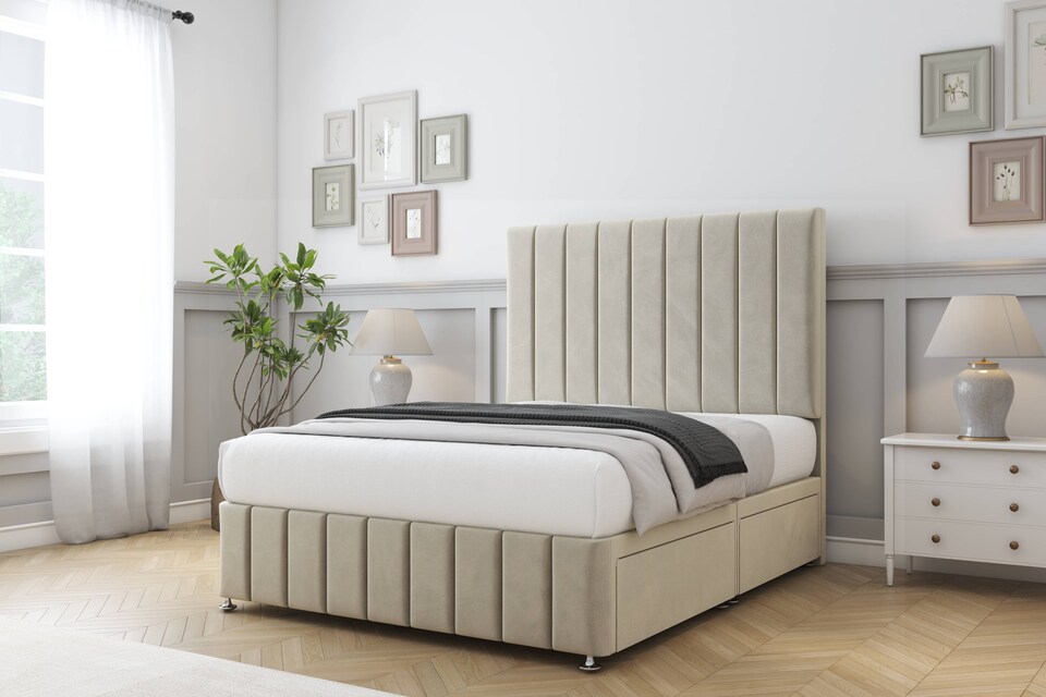 image 1 of Sloomy California Cream Plush Divan Bed With Mattress No Drawers With 54" Floor Standing Headboard & 12" Matching Footboard 6' Super King | Cream | Cream | Super King | 1