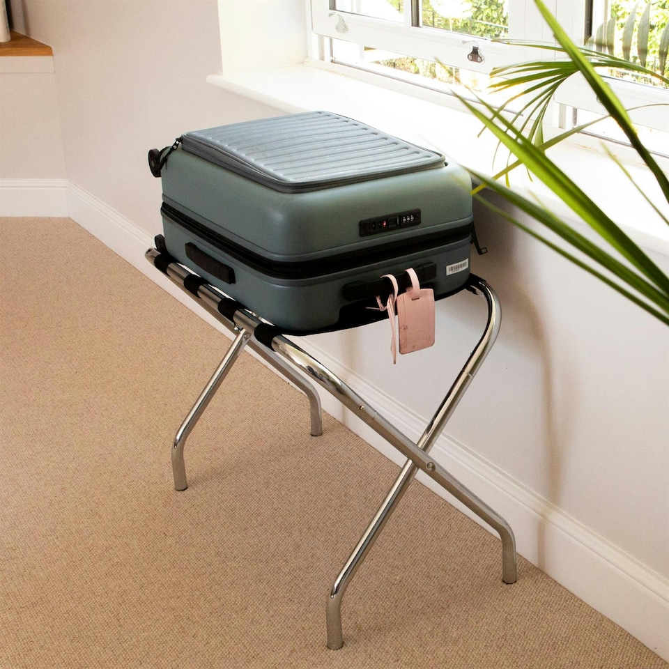 image 1 of Harbour Housewares Folding Metal Luggage Rack - Chrome Grey