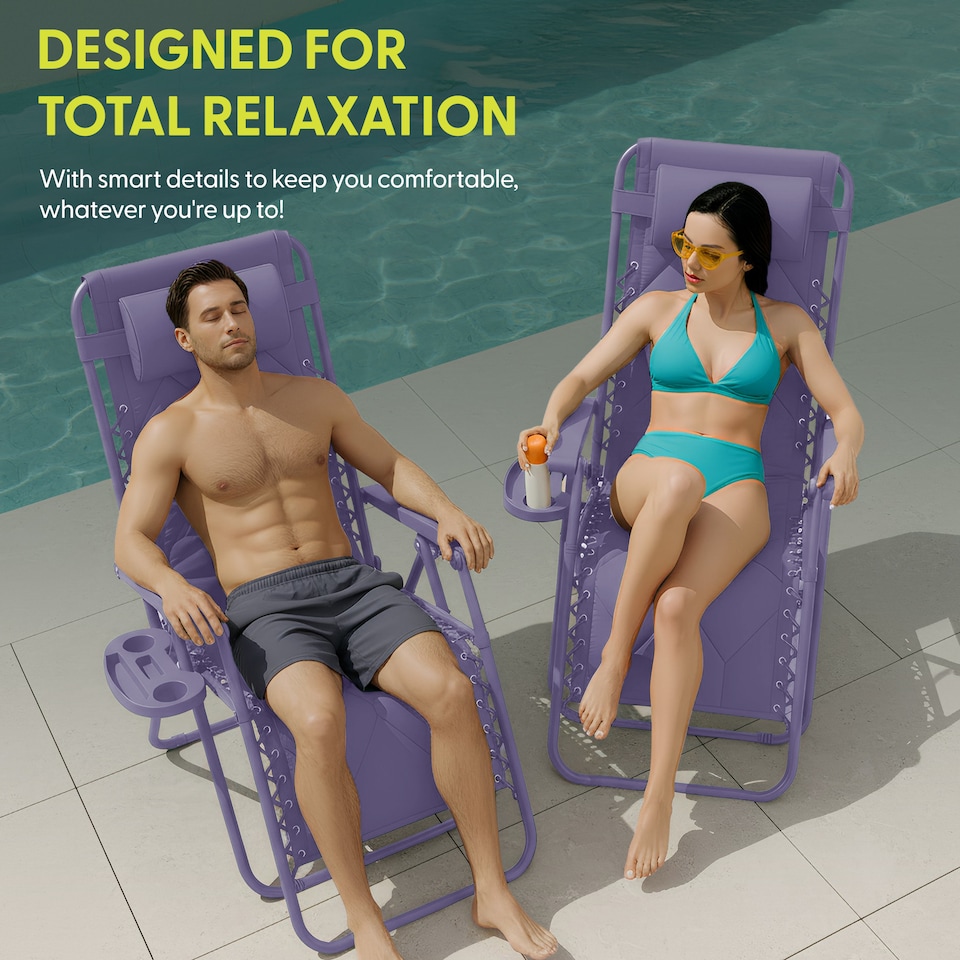 image 1 of Keplin Quilted Zero Gravity Chairs Set of 2 Reclining Garden Sun Loungers