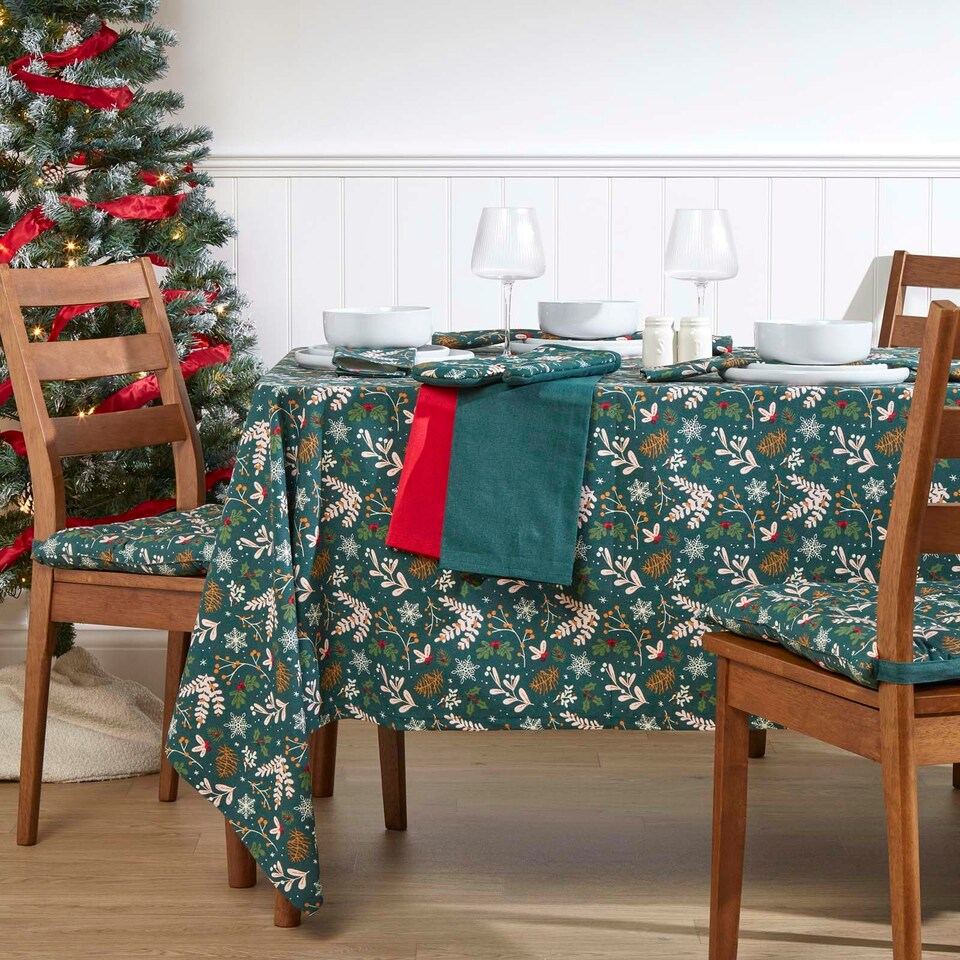 image 1 of Homescapes Festive Forest 100% Cotton Green Christmas Tablecloth - 137 x 137 cm | Green | 137cm x 137cm (54" x 54")