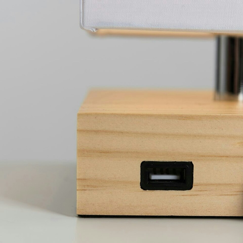 image 1 of ValueLights Modern Pine Wood And White Bedside Table Lamp With USB Charging Port