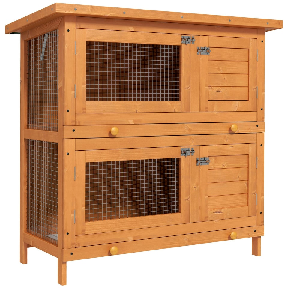 image 1 of PawHut 2-Tier Wooden Rabbit Hutch with Sliding Tray