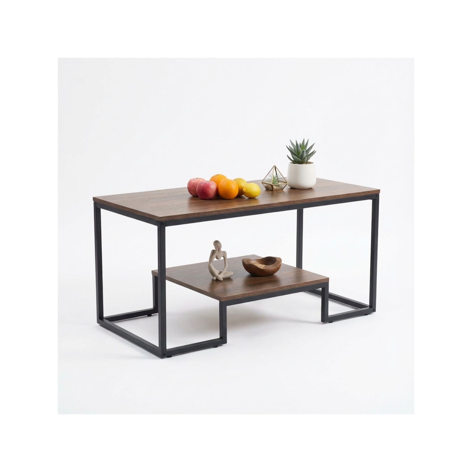 Alivio Modern Coffee Table with Metal Frame & Shelves Storage (Brown)