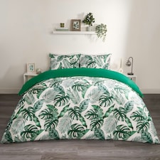 OHS Tropical Leaf Print Reversible Plain Duvet Quilt Cover Bedding Set, Double - Forest Green/White