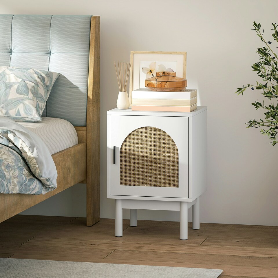image 1 of HOMCOM Boho Bedside Table with Rattan Door and Adjustable Shelf, White White | Natural Rattan