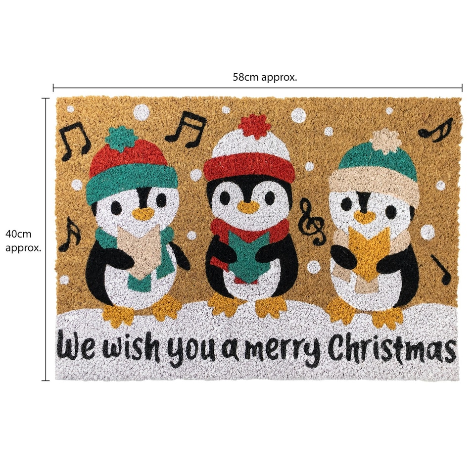 image 1 of JVL Festive Christmas Coir Doormat with Latex Back 40x58cm, Penguins