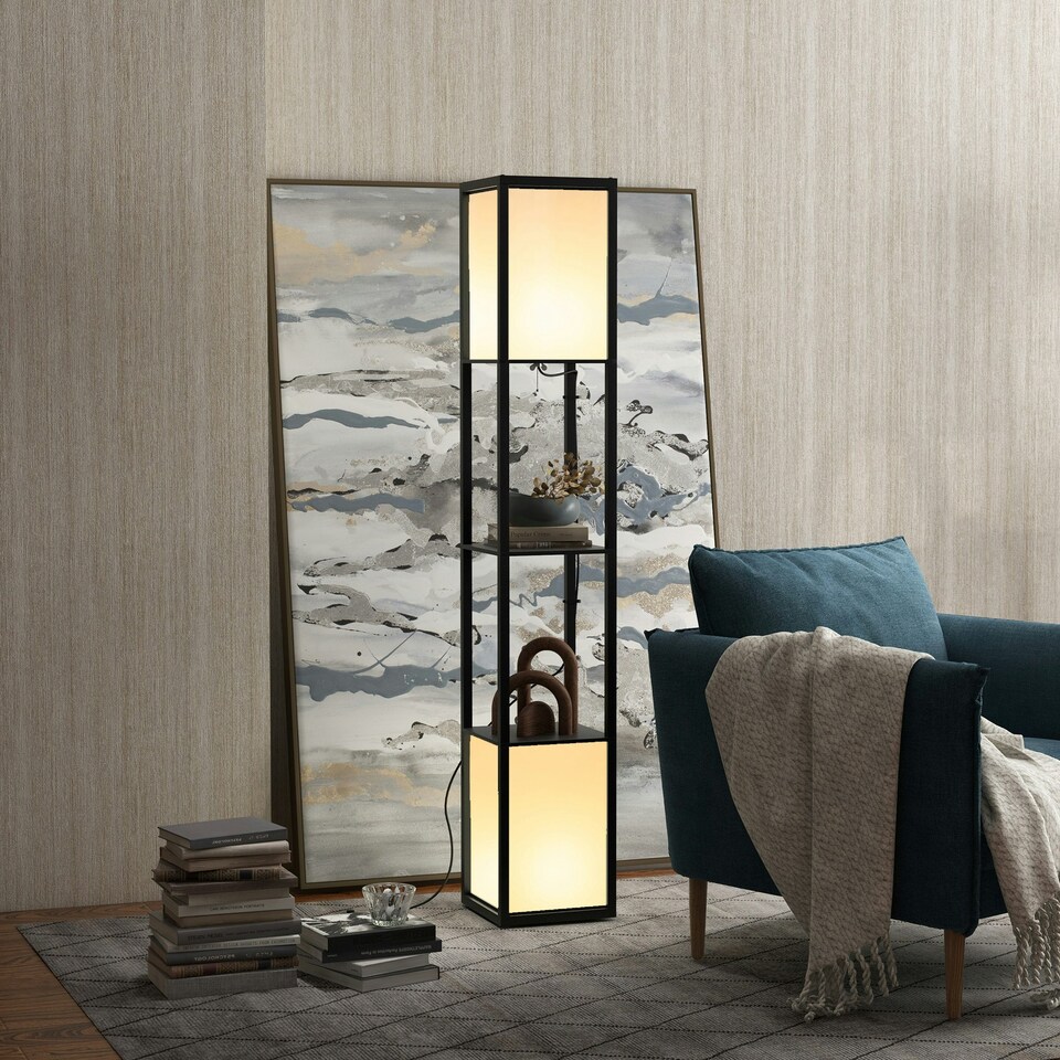 image 1 of HOMCOM Shelf Floor Lamp with Dual Light, for Living Room, Bedroom, Black