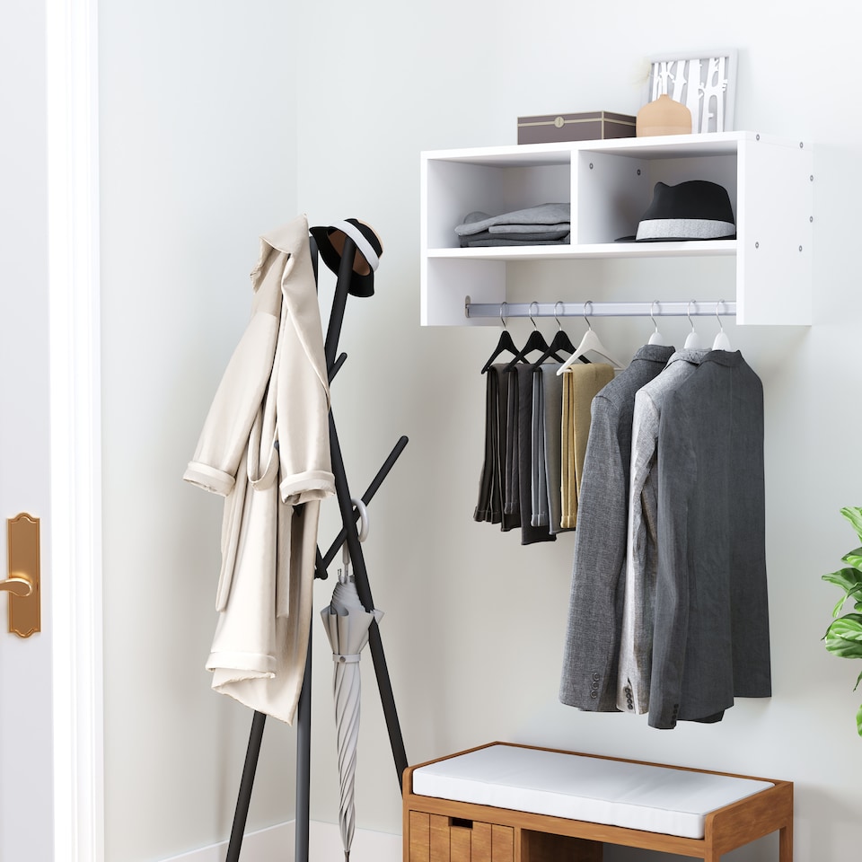image 1 of HOMCOM Wall Mounted Coat Hanger Hooks Rack Stand Hallway Coat Rack Rail & Storage Shelf Hanging Coat Organizer (White)