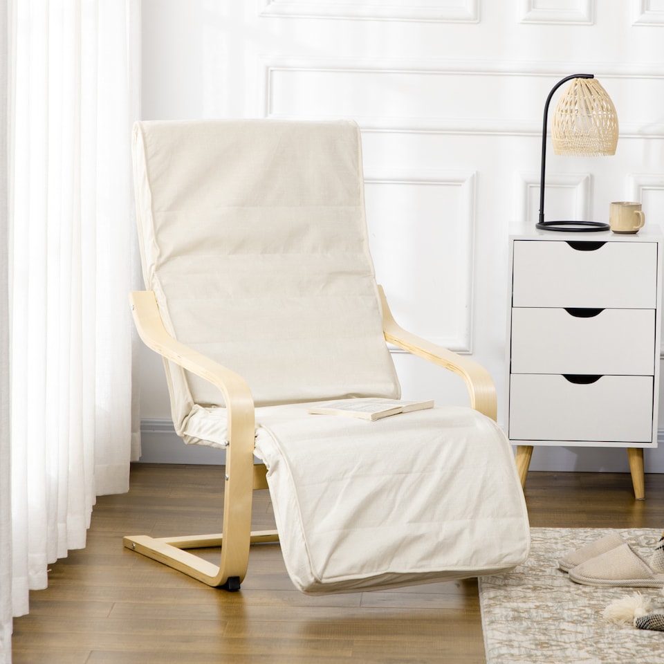 image 1 of HOMCOM Wooden Armchair, Upholstered Linen Lounge Chair with Adjustable Footrest & Removable Cushion, Poang Chair for Living Room, Cream White