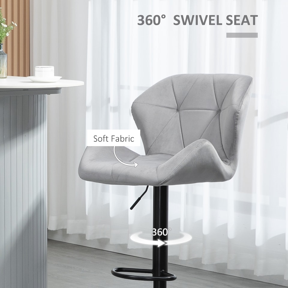 image 1 of HOMCOM Bar Stools Set Of 2, Luxurious Velvet-Touch Barstools with Metal Frame Footrest Round Base Triangle Indenting Moulded Seat Adjustable Height Swivel Grey