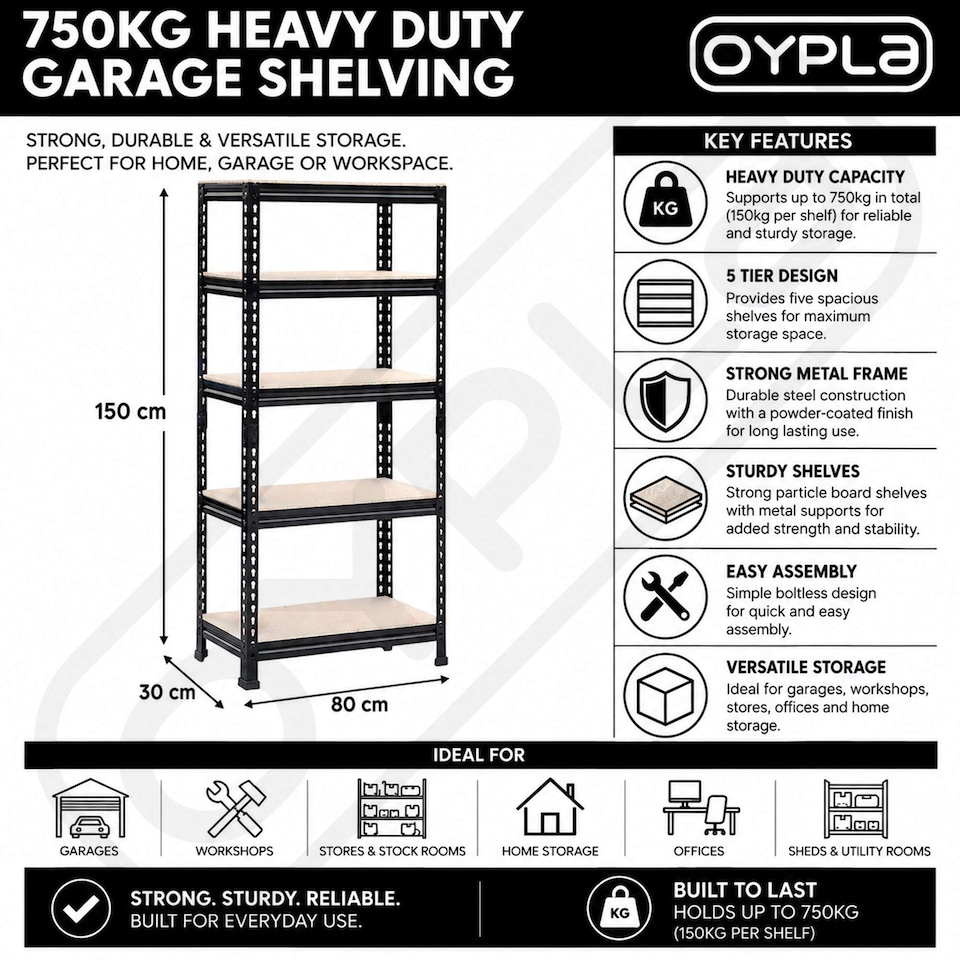 image 1 of 750kg Heavy Duty 5 Tier Metal Storage Garage Shelving Racking