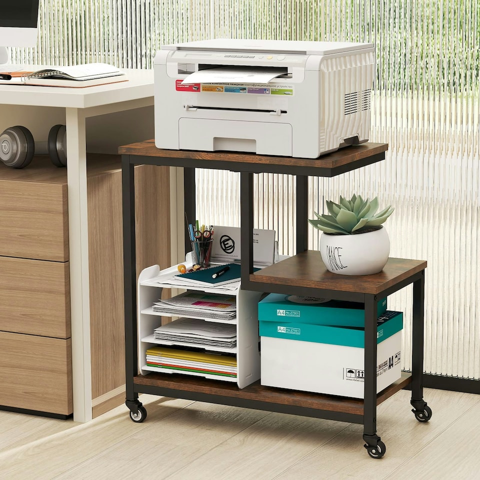 image 1 of COSTWAY G-Shaped Side Table 3-Tier Rolling End Table | Brown