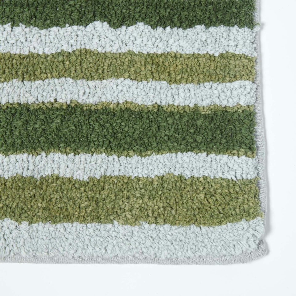 image 1 of Homescapes Green Stripe Cotton Bath Mat Green